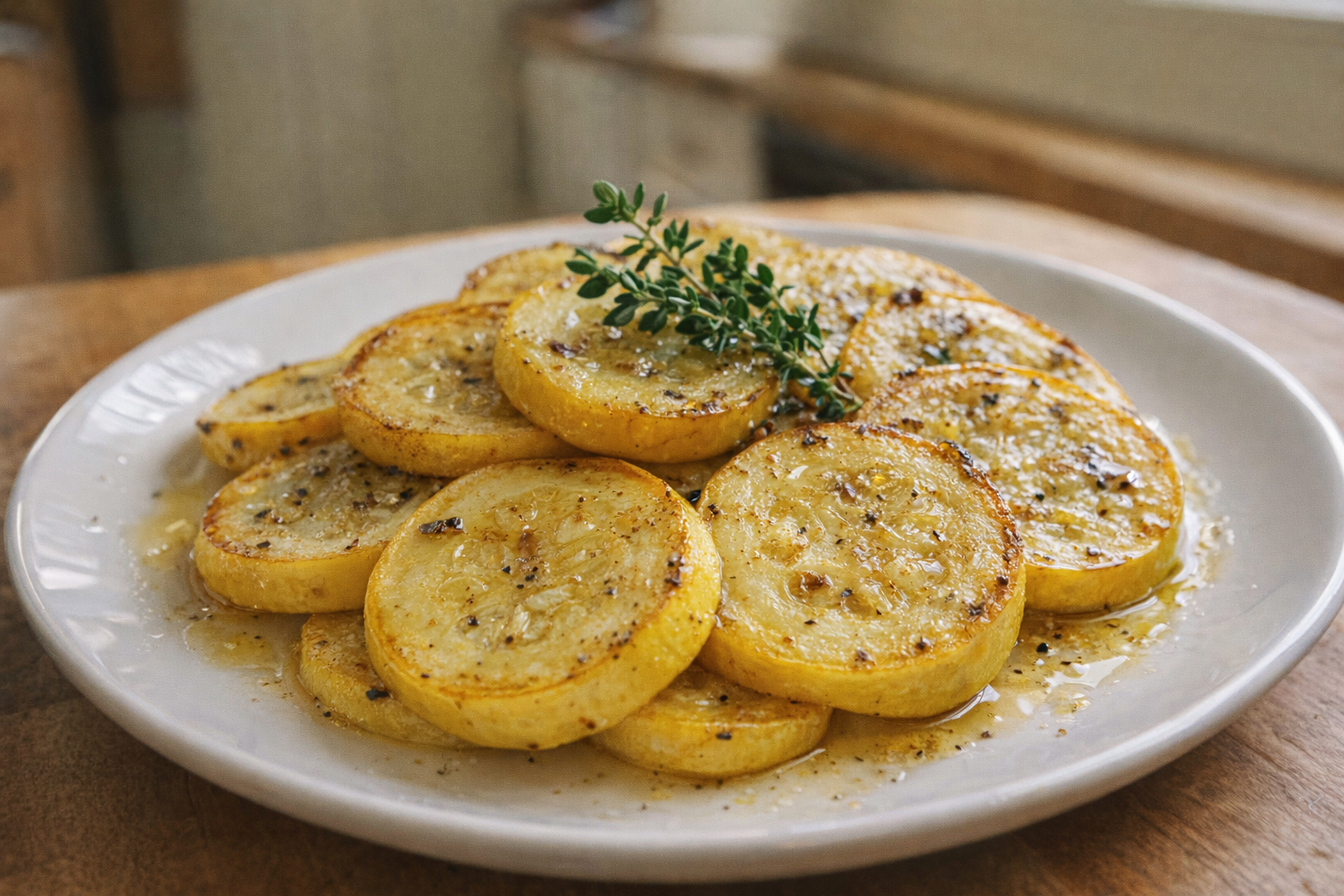 A vibrant display of perfectly cooked yellow squash slices, lightly browned and glistening with olive oil, arranged artfully on a white plate with a sprig of fresh thyme